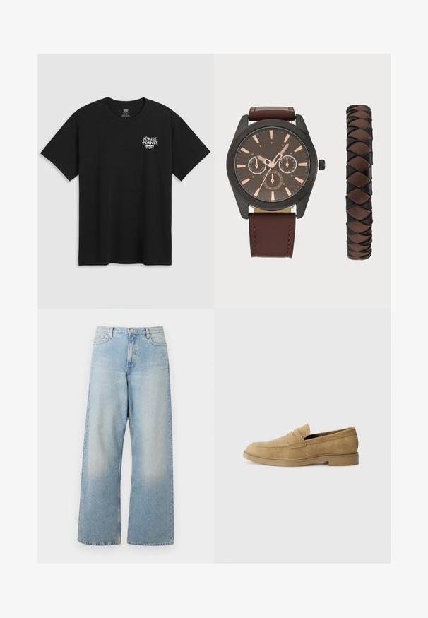 T-shirt noir en coton avec un imprimé sur la poitrine portant la mention "PLANTES D'INTÉRIEUR" en police stylisée blanche, avec "Levi's" en dessous. Encolure classique. ; Jeans larges bleu clair en denim, dotés d'une taille haute, de poches avant et d'un délavage avec un léger usure au niveau des cuisses.; Mocassins en daim beige avec un bout arrondi, un petit talon carré et des détails brodés sur la tige. Texture lisse et design minimaliste.; Pier One SET - Montre - black/brown