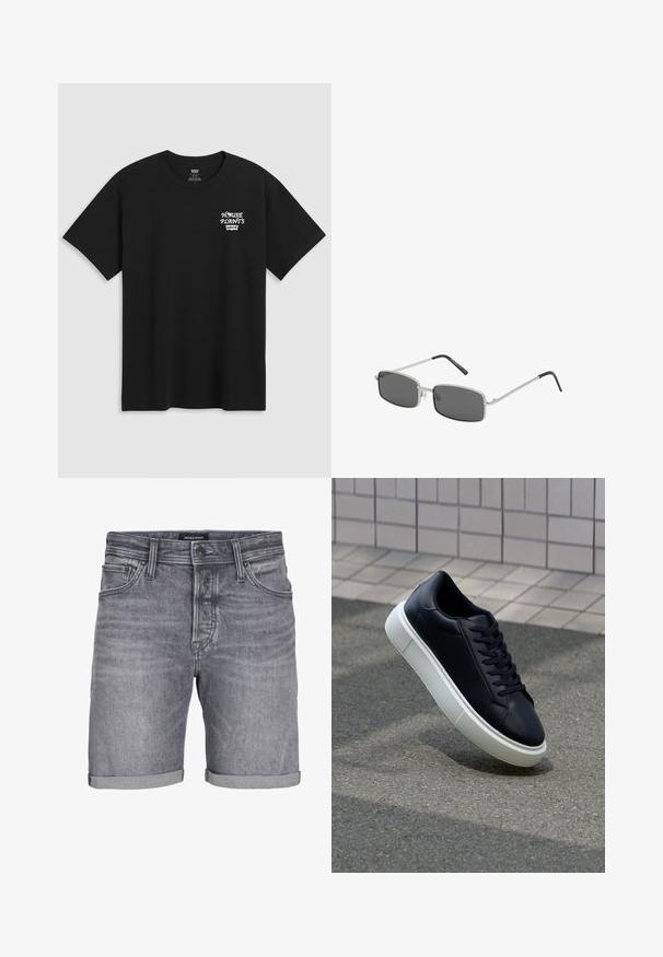 Black cotton t-shirt featuring a chest print that reads "HOUSE PLANTS" in white stylized font with "Levi's" below. Classic crew neckline.; Gray denim shorts with a slightly worn look, featuring a rolled hem, five-pocket design, and a button closure. Label: JACK & JONES.; Black leather sneaker with rounded toe and white rubber sole. Features flat laces and minimal stitching on the upper. Textured sole for grip.; Rectangle-shaped sunglasses with dark gray lenses, thin silver metal frame, and black rubber-coated temple tips. Minimalist design.