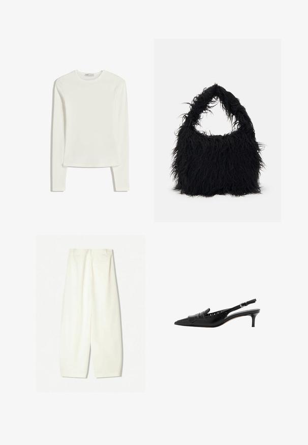 Haut à manches longues blanc en tissu doux et lisse. Il présente un col rond et une coupe ajustée avec des détails de couture minimalistes.; Pantalons larges en tissu crème doux, présentant une texture lisse, des poches avant et une coupe décontractée avec une taille mi-haute.; Chaussure slingback en cuir noir à bout pointu, avec franges décoratives, design perforé et talon fin. Équipée d'une bride de cheville réglable.; Even&Odd Cabas - black