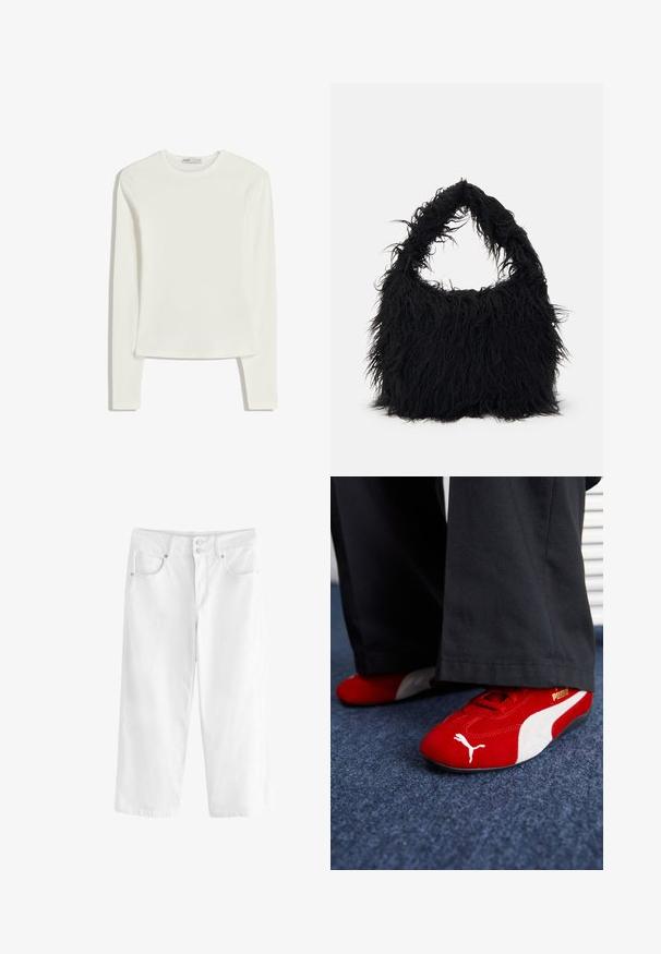 Weißes Langarmshirt aus weichem, glattem Stoff. Hat einen Rundhalsausschnitt und eine taillierte Passform mit minimalen Nähdetails.; Weiße Denim-Culottes mit entspannter Passform, zwei vorderen Taschen und Knopfverschluss. Strukturierter Stoff mit genähten Nähten.; Rote Wildledersneaker mit weißen Akzenten, aus strukturiertem Material, mit runder Zehenpartie und einem goldenen Logo an der Seite, getragen mit schwarzen Hosen.; Even&Odd Shopping Bag - black