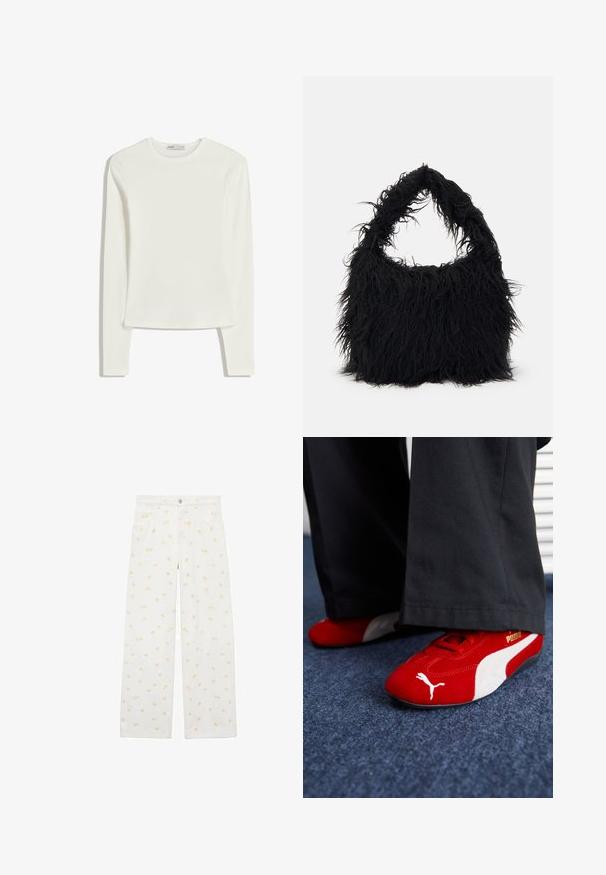 Weißes Langarmshirt aus weichem, glattem Stoff. Hat einen Rundhalsausschnitt und eine taillierte Passform mit minimalen Nähdetails.; Weiße, weit geschnittene Denim-Hosen mit einem allover hellorangefarbenen Blumenmuster und Vordertaschen. Knöpfe an der Taille zur Verschlussgebung.; Rote Wildledersneaker mit weißen Akzenten, aus strukturiertem Material, mit runder Zehenpartie und einem goldenen Logo an der Seite, getragen mit schwarzen Hosen.; Even&Odd Shopping Bag - black