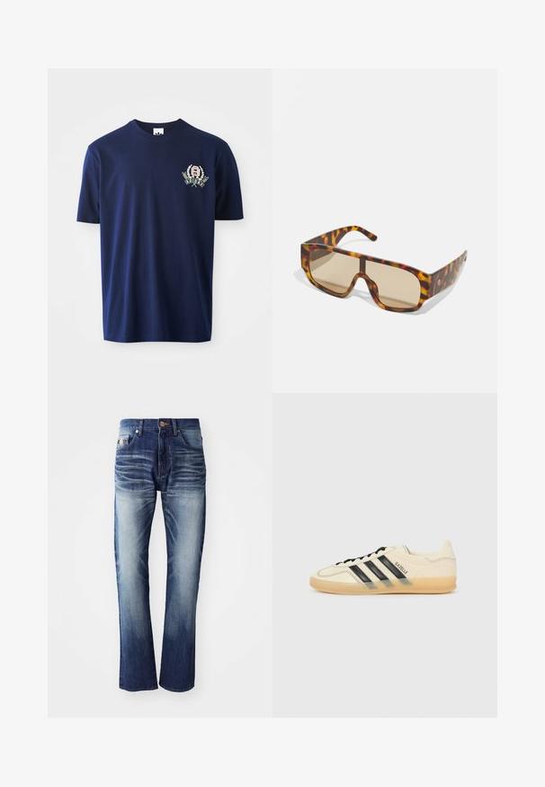 Sötétkék pamut póló rövid ujjakkal, kerek nyakkivágással és hímzett logóval, melyen babérlevelek díszítik a bal mellen.; Sötétkékből világoskékbe ágradáló farmernadrág, öt zsebbel, gombos záródással és finom elhalványodási részletekkel a combokon.; Világoskrém színű sneaker fekete háromsávos dizájnnal, textúrált felsőrésszel, kerek orral és gumitalppal. Felszereltsége közé tartozik a fűzés és a logó az oldalán.; Napszemüveg masszív, teknősbéka mintázatú kerettel, barna és narancssárga árnyalatokban, nagy, barna árnyalatú lencsékkel és elegáns dizájnnal.