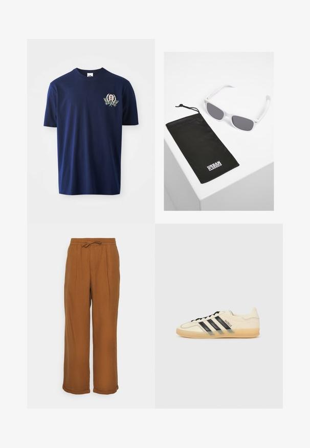Tamno plava pamučna majica s kratkim rukavima, okruglim izrezom i vezenim logotipom s lovorovim detaljima na lijevoj strani prsnog koša.; Smeđe lanene hlače s udobnim krojem, elastičnom pojasom, vezivanjem na pertlu i dva prednja nabora za dodatnu teksturu. Rolane manžete na rubu.; Svijetlosmeđi tenisice s crnim dizajnom tri pruga, teksturirana gornja strana, okrugli vrh i đon od gume. Ima vezice i brendiranje sa strane.; Bijele plastične naočale sa sivim lećama pored crne tkaninske torbice koja ima bijeli "URBAN CLASSICS" logo u podebljanom slovu.