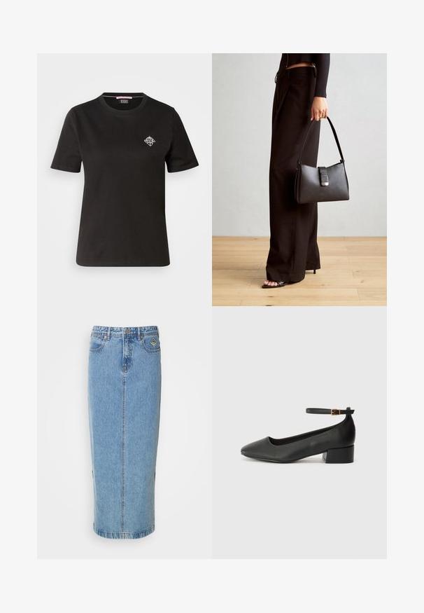 Čierne bavlnené tričko s okrúhlym výstrihom, krátkymi rukávmi a malým bielym grafickým dizajnom v oblasti ľavého prsu.; Džínová midi sukňa v svetlomodrej farbe s rovnou siluetou, zapínaním na prednej strane na gombíky a bočnými vreckami. Má jemné švy a značkovú nášivku.; Čierne kožené lodičky s špicatou špičkou a nízkym blokovým podpätkom. Obsahuje remienok okolo členka so zlatým prackou. Hladký povrch.; Čierna kabelka so štruktúrovaným tvarom, hladkou textúrou a kovovou sponou. V kombinácii so širokými čiernymi nohavicami a sandálmi s otvorenou špičkou na drevenej podlahe.