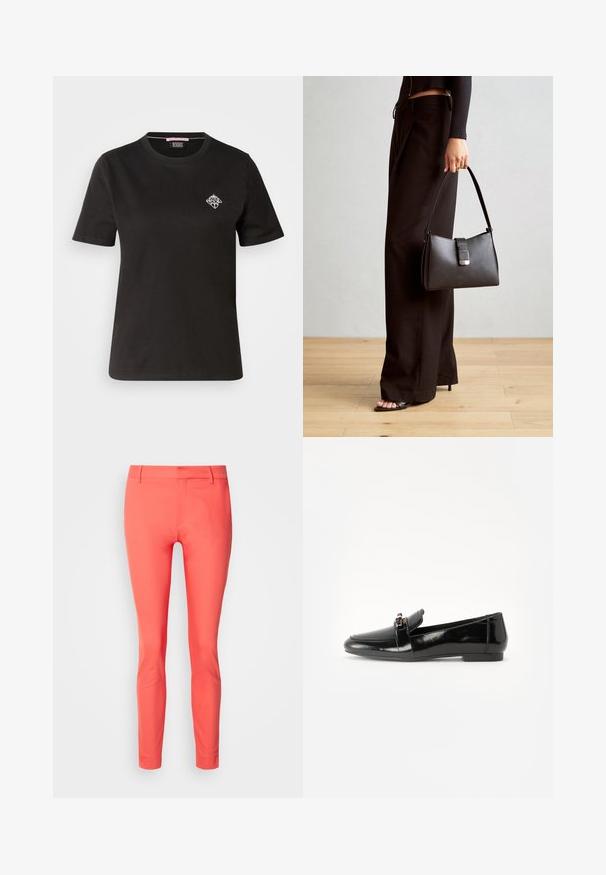 T-shirt in cotone nero con scollatura rotonda, maniche corte e un piccolo design grafico bianco sulla parte sinistra del petto.; Pantaloni slim-fit color corallo realizzati in tessuto morbido, dotati di zip frontale, passanti per la cintura e un design elegante senza tasche.; Mocassino in pelle verniciata nera con suola piatta, punta arrotondata e una fascia decorativa con accento in tonalità oro. Finitura liscia e lucida.; Borsa nera con forma strutturata, texture liscia e una chiusura metallica. Abbinata a pantaloni neri larghi e sandali open-toe su un pavimento in legno.