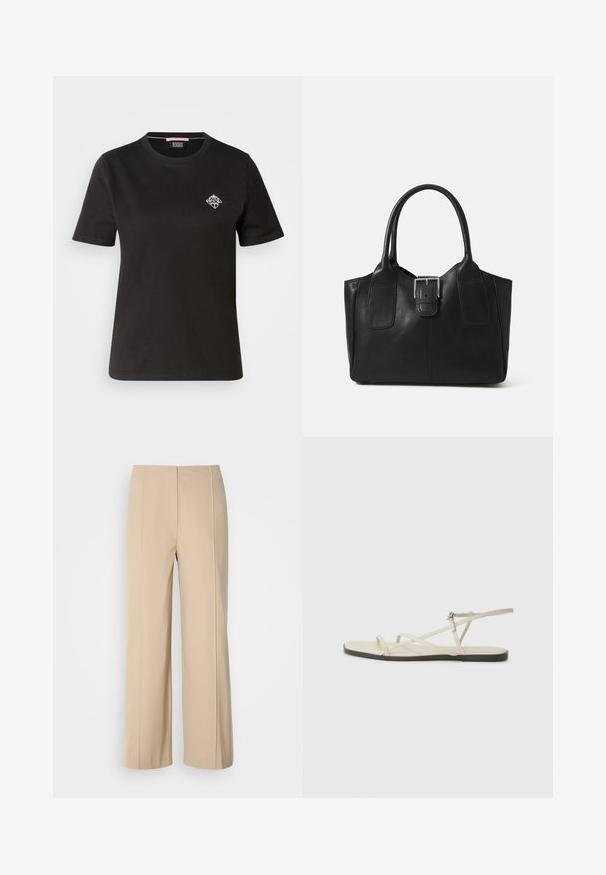 Črna bombažna majica s krožnim izrezom, kratkimi rokavi in majhnim belim grafičnim motivom na levi strani prsnega predela.; Beige široke hlače iz strukturirane tkanine, ki se ponašajo z minimalističnim dizajnom z izpostavljenimi gubami in ravnim pasom.; Beige ravne sandale z več tankimi trakovi in nastavljivim zaponcem. Podplat je raven z rahlo temnim kontrastom na robu.; Črna usnjena torba s gladko teksturo, strukturirano obliko, dvema ročkama in izrazitim srebrnim sponko na sprednji strani.
