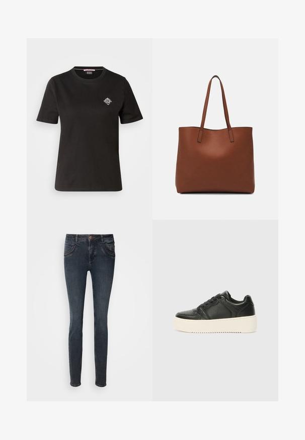 Crna pamučna majica s okruglim izrezom, kratkim rukavima i malim bićim grafičkim dizajnom na lijevoj strani prsa.; Tamne traperice uskog kroja od tamnog denima s srednjim strukom, pet džepova, kontrastnim šavovima i kopčanjem na gumb. Glatka tekstura, oblik kroja koji se prilagođava tijelu.; Crne kožne tenisice s glatkom teksturom, debeo kremasti đon, okrugli vrh i klasični dizajn vezanja. Suptilni detalji šavova.; Smeđa kožna torba preko ramena s glatkom teksturom, otvorenim vrhom i dvjema naramenicama. Ima minimalne šavove i nema vidljivog hardvera.