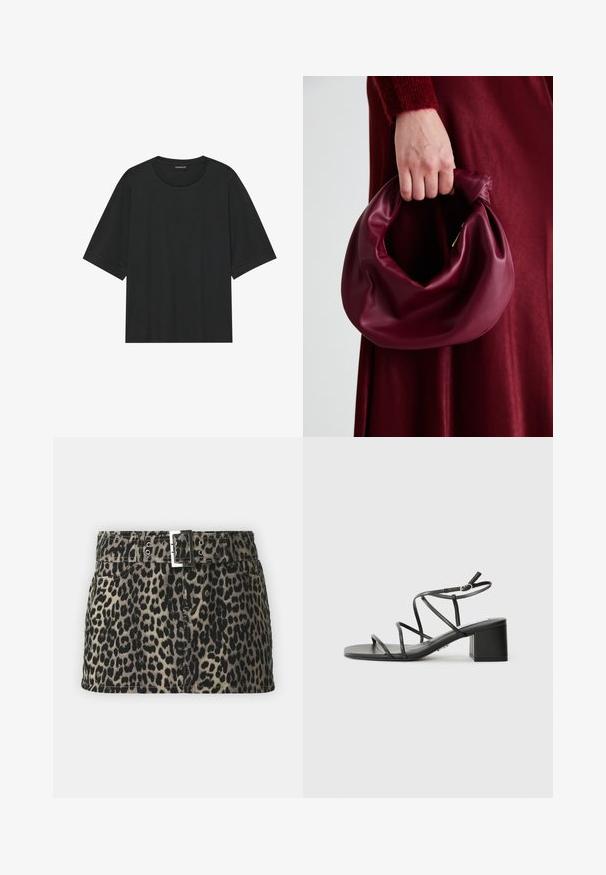 T-shirt noir à manches courtes en coton. Il présente un col rond, une coupe décontractée et un ourlet net sans motifs ni accessoires visibles.; Jupe en denim à imprimé léopard avec une taille ceinturée, dotée d'une boucle en argent, de poches avant et d'un ourlet droit.; Sandales noires à lanières avec un orteil carré et un talon épais, fabriquées en matériau lisse. Comprend des brides de cheville réglables et un matériel minimal.; Sac à main en cuir bordeaux au design doux et froncé, avec une forme arrondie. La poignée est fixée, mettant en valeur une texture lisse.
