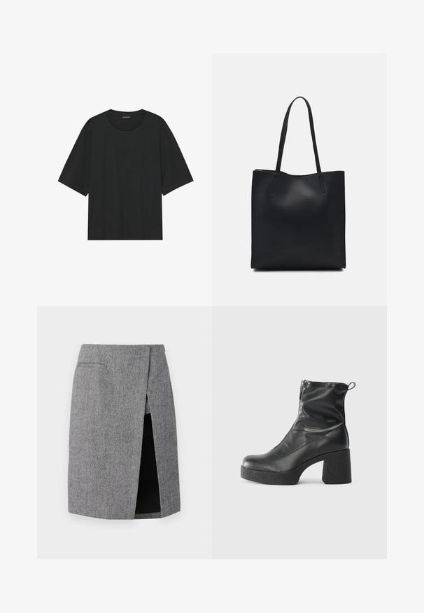 Svart t-skjorte med kort erm laget av bomull. Den har rund hals, avslappet passform og ren søm uten synlige mønstre eller hardvare.; Grå hundetann-skjørt med en sideventil, skreddersydd passform og to innfelte lommer. Laget av teksturert stoff for et strukturert utseende.; Svarte ankelstøvler laget av glatt lær, med glidelås på siden, chunky strukturert hæl, og rund tå-design.; Svart lær tote bag med glatt tekstur, rektangulær form og to lange håndtak. Ingen synlige deler eller dekorasjoner.