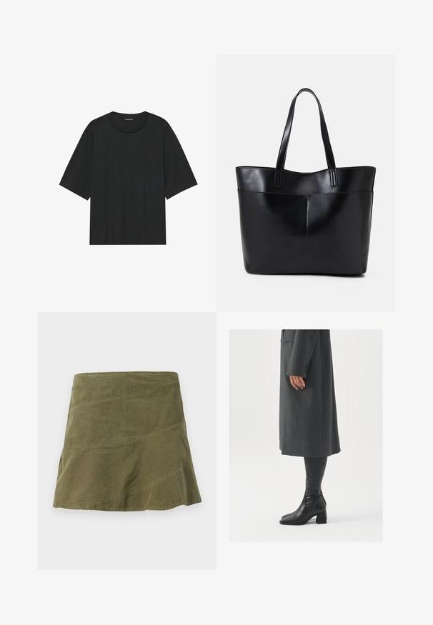 Zwarte korte mouwen t-shirt gemaakt van katoen. Kenmerkt zich door een ronde hals, een losse pasvorm en een schone zoom zonder zichtbare patronen of hardware.; Olijfgroen corduroy rok met een uitlopende vorm, voorzien van diagonale naden en subtiele textuur. Middenlengte ontwerp zonder zichtbare sluitingen.; Grijze, op maat gemaakte overjas met een rechte snit; gecombineerd met kniehoge zwarte leren laarzen met een vierkante neus en chunkyerand.; Zwarte leren tote bag met twee lange handvatten, een zachte textuur en een gestructureerde vorm. Voorzien van een voorvak voor extra opslagruimte.