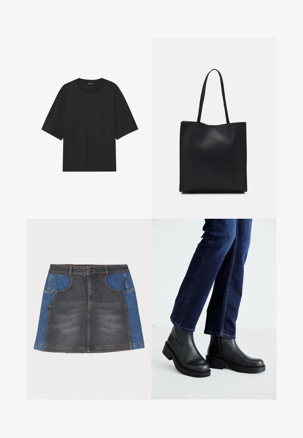 Černé tričko s krátkým rukávem vyrobené z bavlny. Má kulatý výstřih, volný střih a čistý lem bez viditelných vzorů nebo doplňků.; Denimová sukně s tmavě šedou přední částí a světle modrými bočními panely, se standardním pasem, dvěma předními kapsami a kontrastním prošíváním.; Černé kožené kotníkové boty s robustní podrážkou a elastickými bočními panely, v kombinaci s tmavomodrými džíny. Půda je světlé barvy.; Černá kožená taška přes rameno s hladkým povrchem, obdélníkovým tvarem a dvěma dlouhými uchy. Žádné viditelné kování ani ozdoby.