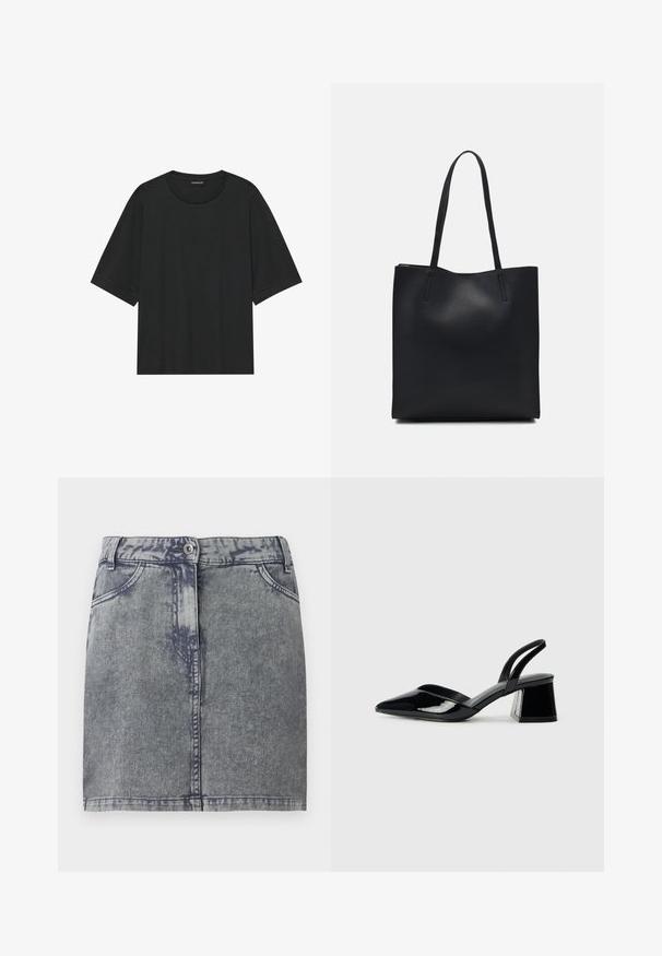 Zwarte korte mouwen t-shirt gemaakt van katoen. Kenmerkt zich door een ronde hals, een losse pasvorm en een schone zoom zonder zichtbare patronen of hardware.; Grijze denim minirok met een vervaagde wassing, voorzien van voorzakken, een knoopsluiting en een rechte zoom. Gestoffeerde stof.; Zwarte gepatineerde leren slingback hakken met een spitse neus en een geometrische blokhak. Kenmerkt zich door een slank, minimalistisch ontwerp en een gladde textuur.; Zwarte leren handtas met een gladde textuur, rechthoekige vorm en twee lange handvaten. Geen zichtbare hardware of versieringen.