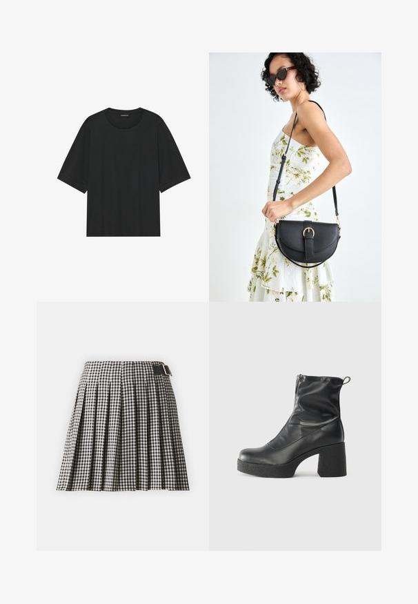 Svart t-skjorte med kort erm laget av bomull. Den har rund hals, avslappet passform og ren søm uten synlige mønstre eller hardvare.; Svart og hvit rutete plissert skjørt med flat midje, med et svart belte med sølvspenne. Laget av et lett stoff.; Svarte ankelstøvler laget av glatt lær, med glidelås på siden, chunky strukturert hæl, og rund tå-design.; Svart lærveske med en buet form, avtagbar stropp og gullbeslag. Vesken har et klaff med spenne-detall.