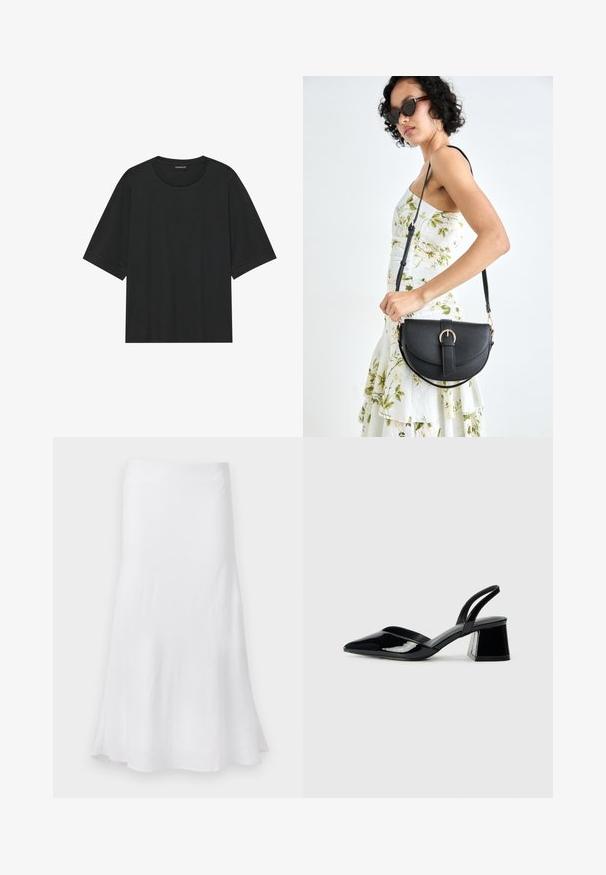 Schwarzes kurzärmliges T-Shirt aus Baumwolle. Verfügt über einen Rundhalsausschnitt, einen lässigen Schnitt und einen sauberen Saum ohne sichtbare Muster oder Beschläge.; Weißer Rock mit fließender A-Linien-Form, aus leichtem Stoff. Glatte Textur, knielang, mit einem einfachen Design ohne Muster.; Schwarze Lackleder-Slingback-High Heels mit spitzem Schuh und einem geometrischen Blockabsatz. Verfügt über ein schlankes, minimalistisches Design und eine glatte Textur.; Schwarze Lederhandtasche mit geschwungener Form, abnehmbarem Tragegurt und goldenen Beschlägen. Die Tasche verfügt über einen Deckel mit einer Schnallen-Details.
