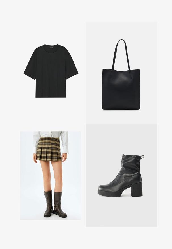Schwarzes kurzärmliges T-Shirt aus Baumwolle. Verfügt über einen Rundhalsausschnitt, einen lässigen Schnitt und einen sauberen Saum ohne sichtbare Muster oder Beschläge.; Braun kariertes, gefälteltes Minirock mit beige- und grünfarbenen Akzenten, kombiniert mit eng anliegenden braunen kniehohen Stiefeln mit Schnallen und einer strukturierten Oberfläche.; Schwarze Stiefeletten aus glattem Leder mit seitlichem Reißverschluss, klobigem strukturiertem Absatz und runder Zehenform.; Schwarze Laptoptasche aus Leder mit glatter Textur, rechteckiger Form und zwei langen Griffen. Keine sichtbaren Beschläge oder Verzierungen.