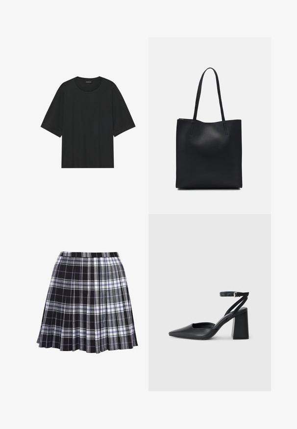 Schwarzes kurzärmliges T-Shirt aus Baumwolle. Verfügt über einen Rundhalsausschnitt, einen lässigen Schnitt und einen sauberen Saum ohne sichtbare Muster oder Beschläge.; Schwarz-grauer karierter Faltenrock mit einem Bund, der Stoff hat eine glatte Textur und zeigt horizontale sowie vertikale Linien in unterschiedlichen Breiten.; Schwarze Leder-Pumps mit spitzer Zehe, einem Knöchelriemen und einem blockigen Absatz. Flache Textur, elegantes Design und minimalistische Ästhetik.; Schwarze Laptoptasche aus Leder mit glatter Textur, rechteckiger Form und zwei langen Griffen. Keine sichtbaren Beschläge oder Verzierungen.