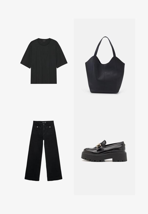 Zwarte korte mouwen t-shirt gemaakt van katoen. Kenmerkt zich door een ronde hals, een losse pasvorm en een schone zoom zonder zichtbare patronen of hardware.; Zwarte wijdpijpjans met een hoge taille, voorzien van twee voorzakken en metalen knoopaccenten. De stof heeft een gladde textuur.; Steve Madden OCCUPY - Instappers - black; Zwarte tote tas van glad leer, met een gebogen, open bovenkant en twee schouderbanden, en een minimalistisch ontwerp.