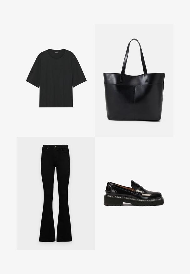 Zwarte korte mouwen t-shirt gemaakt van katoen. Kenmerkt zich door een ronde hals, een losse pasvorm en een schone zoom zonder zichtbare patronen of hardware.; Zwarte hoge taille jeans met een knoop- en ritssluiting, voorzakken en een flared pijp, plat gelegd op een witte achtergrond.; Zwarte lakleren instappers met een robuuste zwarte rubberen zool, benadrukt door witte stiksels en een decoratieve voorband.; Zwarte leren tote bag met twee lange handvatten, een zachte textuur en een gestructureerde vorm. Voorzien van een voorvak voor extra opslagruimte.