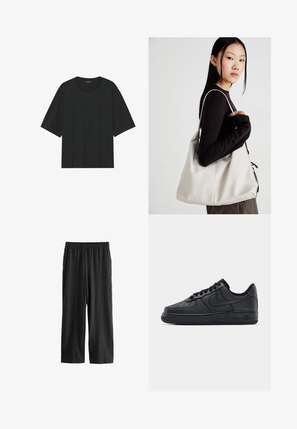 Sort kortærmet t-shirt lavet af bomuld. Har en rund hals, løs pasform og ren kant uden synlige mønstre eller hardware.; Sorte knælange bukser lavet af letvægtsstof. Elastisk talje og glat tekstur med lige ben design. Ingen synlige detaljer eller mønstre.; Sorte lædersneakers med perforeret tåboks, flade snørebånd og gummisål. Har et lille logo på siden og tekstureret detaljering.; Beige håndtaske lavet af blødt materiale med et slouchy design, stikninger og to skulderremme. Velegnet til daglig brug.