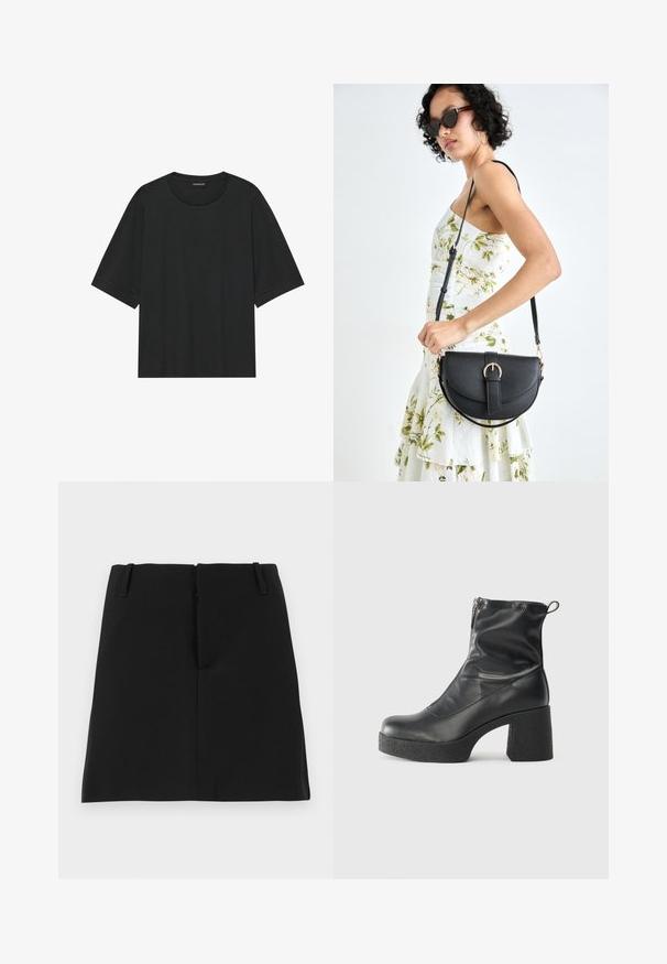 T-shirt nera a maniche corte in cotone. Presenta un colletto rotondo, vestibilità rilassata e orlo pulito senza motivi o accessori visibili.; Gonna nera mini con un design aderente, dotata di due tasche frontali e orlo dritto. Realizzata in tessuto liscio senza motivi visibili.; Stivali neri alla caviglia in pelle liscia, con zip laterale, tacco spesso e texture, e punta arrotondata.; Borsa a tracolla nera in pelle con una forma curva, manico rimovibile e accessori dorati. La borsa presenta una patta con un dettaglio a fibbia.