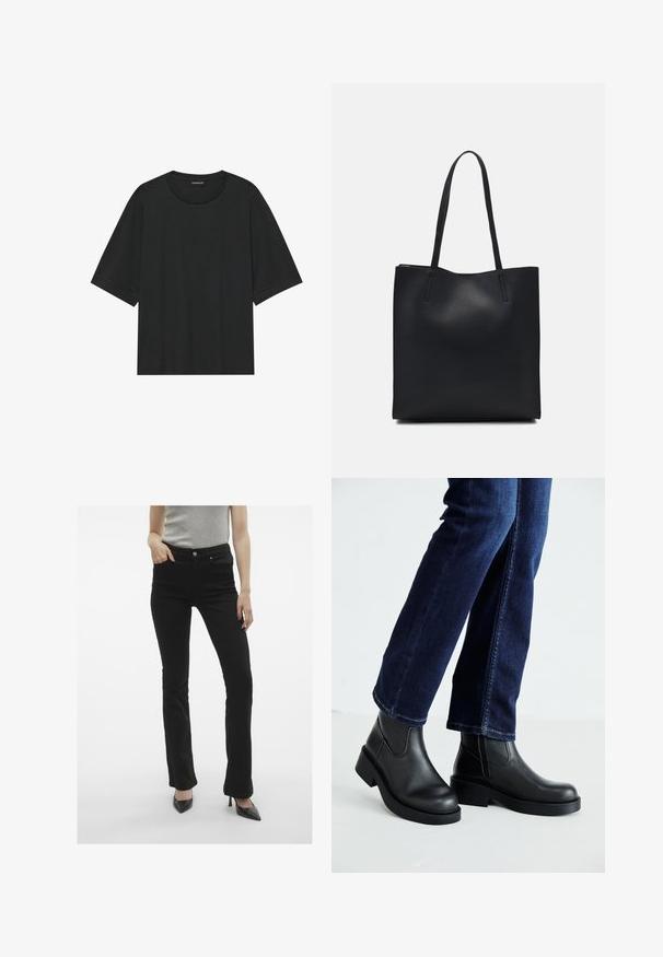 Zwarte korte mouwen t-shirt gemaakt van katoen. Kenmerkt zich door een ronde hals, een losse pasvorm en een schone zoom zonder zichtbare patronen of hardware.; Zwarte flare jeans met een gladde textuur, vijf-pocket ontwerp en een metalen knoopsluiting, gecombineerd met zwarte puntige hakken.; Zwarte leren enkelboots met een dikke zool en zij-elastische panelen, gecombineerd met donkerblauwe jeans. De grond is lichtgekleurd.; Zwarte leren handtas met een gladde textuur, rechthoekige vorm en twee lange handvaten. Geen zichtbare hardware of versieringen.