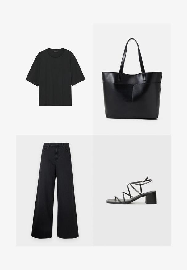 Camiseta de manga corta negra hecha de algodón. Presenta un cuello redondo, corte holgado y dobladillo limpio sin patrones ni herrajes visibles.; Vaqueros de mezclilla anchos y negros con cintura alta y cierre frontal de botones, mostrados sobre un fondo liso.; Sandalias negras con tiras y tacón ancho, de punta cuadrada, hechas de material suave. Cuentan con correas ajustables en el tobillo y un hardware mínimo.; Bolso tote de cuero negro con dos asas largas, textura suave y forma estructurada. Cuenta con un bolsillo frontal para almacenamiento adicional.