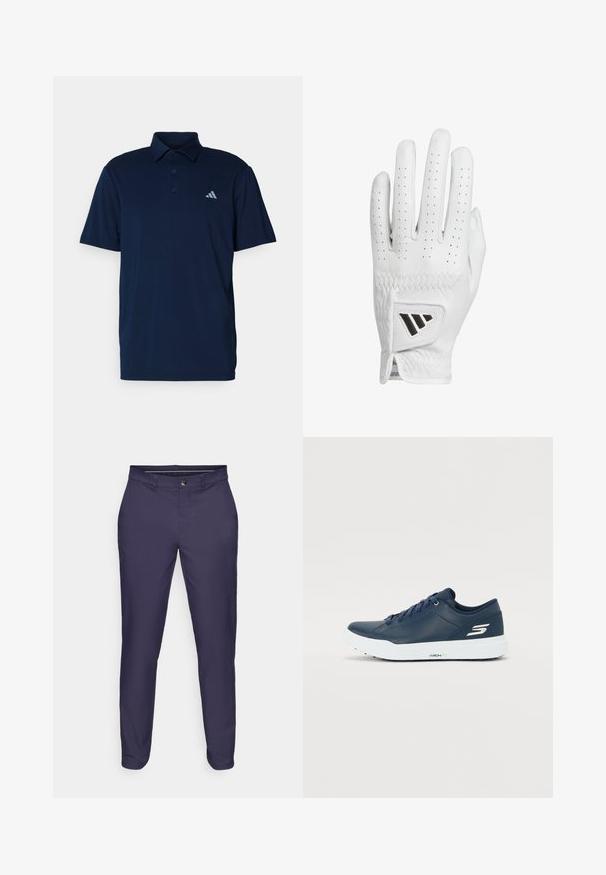 Pólo azul marinho feito de tecido suave, com colarinho clássico, três botões e um pequeno logotipo na frente à esquerda.; Calças slim-fit azul-marinho com fecho de botão e zíper, passantes para cinto e pernas ajustadas, contra um fundo branco.; Sapatilha azul-marinho com parte superior sintética suave, gola almofadada e sola branca. Apresenta logo na lateral e atacadores planos para um ajuste seguro.; Luvas de golfe de couro branco com dedos perfurados, costura texturizada e um logotipo em preto no pulso. Design ajustado para melhor aderência.
