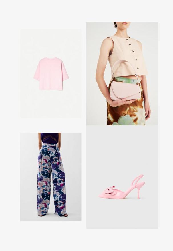 T-shirt a maniche corte in cotone rosa chiaro, con una vestibilità comoda, collo a giro e cuciture a vista lungo l'orlo e le maniche.; Pantaloni a gamba larga con una stampa astratta colorata in tonalità di viola, blu, rosa e bianco, con vita alta e design plissettato.; Décolleté in vernice rosa con punta affilata, fiocco decorativo sul davanti e tacco a stiletto sottile. Texture liscia.; Borsa in pelle rosa con pattina curva, tracolla singola e linee pulite. La borsa presenta una texture liscia e un design minimalista.