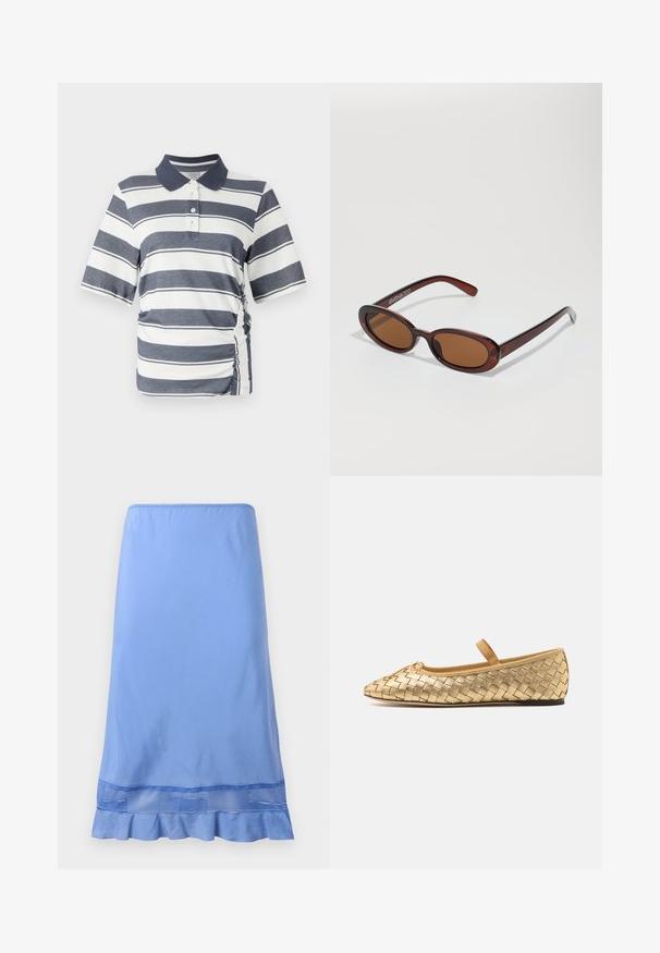 Sötétkék és fehér vízszintes csíkokkal ellátott polo póló, rövid ujjakkal, gallérral és oldalán ráncolt részlettel. Puha, rugalmas anyagból készült.; Világoskék, térdarányú szoknya sima anyagból, fodros aljjal, amelyen hálós betét található az alján. Egyszerű, húzós kivitel.; Loeffler Randall LEONIE SOFT BALLET FLAT - Bokapántos balerina cipők - gold; Kerek, barna árnyalatú napszemüveg fényes burgundi kerettel. Karcsú karok diszkrét márkázással. Lapos lencse kialakítás.; Leopárdmintás kézitáska fekete műbőr alappal, dupla felső fogantyúval, arany szippantyúval és fekete műbőr díszítőelemekkel. Téglalap alakú.