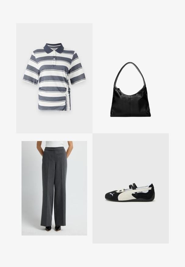 Poloshirt mit navyblauen und weißen horizontalen Streifen, kurzen Ärmeln, einem Kragen und seitlichen Raffungselementen. Hergestellt aus weichem, dehnbarem Stoff.; Grau melierte, weit geschnittene Hose mit strukturierter Stoffqualität, mit flacher Vorderseite, vertikalen Falten und maßgeschneiderter Passform, kombiniert mit schwarzen Schuhen.; Schwarzer und cremiger, ultraleichter Schuh mit einem Obermaterial aus Wildleder, flacher Sohle, elastischen Riemen und einem kleinen Logo an der Zehe.; Schwarze Leder-Umhängetasche mit glatter Textur, geschwungenem oberen Rand und einem einzigen Tragegurt. Sie verfügt über einen Reißverschluss und ein minimalistisches Design.; Silberfarbener Kettenhalsband mit ovalen Gliedern und einem Karabinerverschluss, flach auf einem weißen Hintergrund ausgelegt.