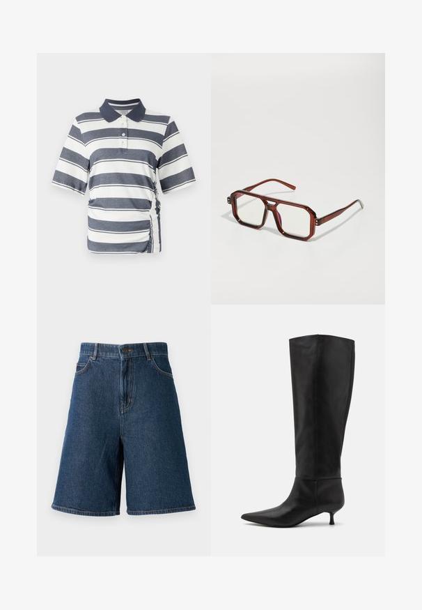 Polokošile s námořnickými a bílými vodorovnými pruhy, krátkými rukávy, límečkem a detailem na bocích s nařasením. Vyrobena z měkké, pružné tkaniny.; Tmavě modré denimové kraťasy s vysokým pasem, pěti kapsami a rovnou siluetou. Obsahují viditelné švy a zapínání na předním tlačítku.; Černé kožené boty až po kolena s špičatou špičkou a nízkým sloupkovým podpatkem. Hladká textura a minimalistický design bez viditelného kování nebo akcentů.; Hnědé transparentní oversized brýle s obdélníkovými skly a štíhlými rámky. Šikmé, mírně zaoblené rohy a viditelné kovové detaily.