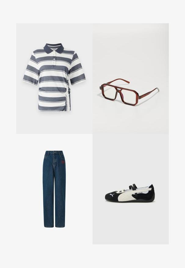 Pikepaita, jossa on tummansinisiä ja valkoisia vaakasuoria raitoja, lyhyet hihat, kaulus ja sivusaumadetaileja. Valmistettu pehmeästä ja joustavasta kankaasta.; Tummansiniset farkut korkealla vyötäröllä, leveällä lahkeella, etutaskuilla ja punaisella brodeeratulla logolla vasemmalla puolella. Siisti ja klassinen muotoilu.; Mustat ja vaaleanbeiget ultrakevyet kengät, joissa on mokkanahkainen päällinen, litteä pohja, joustohihnat ja pieni logo varpaassa.; Ruskeista läpinäkyvistä ylisuurista laseista, joissa on suorakulmaiset linssit ja hoikat varsiosat. Kulmat ovat viistetyt ja hieman pyöristetyt, ja näkyviä varusteita on lisätty.