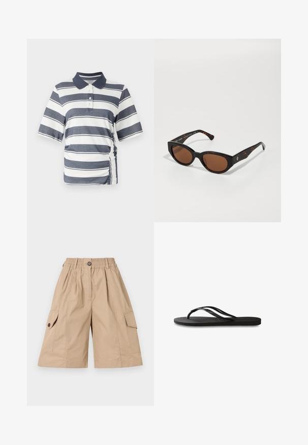 Poloko s námořními a bílými vodorovnými pruhy, krátkými rukávy, límcem a detailním nařasením po stranách. Vyrobeno z měkké, pružné látky.; Béžové cargo šortky s elastickým pásom, gombíkovým zapínaním, dvoma bočnými vreckami a dvoma cargo vreckami s klopou a gombíkovými detailmi.; Čierne žabky s textúrovanou gumovou podrážkou, dvoma štíhlymi popruhmi a diskrétnym embosovaným logom na popruhu.; Čierne korytnačkovité slnečné okuliare s hnedými sklami, s ostrým dizajnom a širokými ramenami, obsahujúcimi jemný detail loga. Hladký plastový povrch.