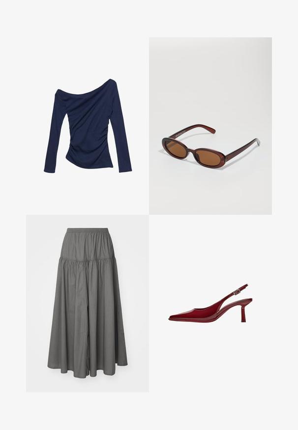 Námornícky modrý top s odhalenými ramenami a dlhými rukávmi, zdobený zúženými bočnými detailmi a hladkou, elastickou textúrou.; Weekday SKIRT - Maxisukňa - dark mole; Bershka Klasické lodičky na opätku - dark red; Okrúhle slnečné okuliare s hnedým nádychom a lesklým burgundským rámom. Úzke ramená s jemným brandovaním. Plochej šošovky dizajn.
