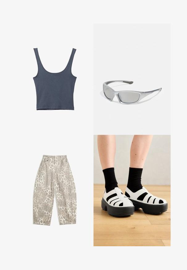 Tmavě modrý, úzký top na ramínka s širokými popruhy. Vyrobeno z měkké bavlněné tkaniny, s hladkou texturou a jednoduchým designem. Bez vzorů nebo akcentů.; Kalhoty s leopardím potiskem v světle béžové barvě, s vysokým pasem, širokými nohavicemi a dvěma předními kapsami. Vyrobené z hladkého materiálu.; Bílé robustní sandály s černými akcenty, s mnoha výřezy a silnou černou podrážkou. Texturovaný materiál pokrývá špičku a strany.; Šedé sluneční brýle s elegantním, lehkým plastovým rámem. Mají tónované šedé čočky a texturované boční detaily pro lepší úchop.; Černá a stříbrná taška adidas s hladkou texturou, vyznačující se lesklým hrotným vzorem a charakteristickým zakřiveným designem.