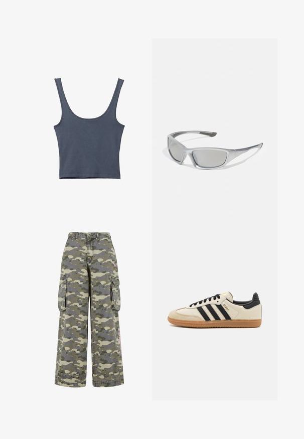 Tmavo modrý, slim-fit tielko s širokými ramienkami. Vyrobené z jemnej bavlny, s hladkou textúrou a jednoduchým dizajnom. Bez vzorov alebo akcentov.; Cargo nohavice s zeleno-beige camouflage vzorom, vo voľnom strihu, s dvoma bočnými vreckami a ružovým akcentom na nohe.; Béžová športová obuv s čiernymi pruhmi, gumovou podošvou a čiernymi akcentami. Má hladký kožený zvršok a zaoblený dizajn prstov.; Sivé slnečné okuliare so štíhlým, ľahkým plastovým rámom. Obsahujú tónované sivé šošovky a textúrované bočné detaily pre lepšiu priľnavosť.; Čierna a strieborná taška adidas s hladkým povrchom, s lesklým nitovaným vzorom a výrazným zakriveným dizajnom.