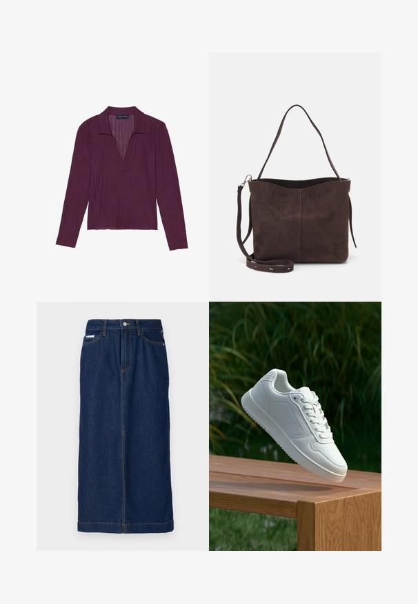 Ilgų rankovių, giliu V formos dekoltėm tamsiai purpurinis palaidinės modelis su tekstūruotu raštu ir apykakle. Palaidinė yra prigludusi ir šiek tiek elastinga.; Tamsiai mėlynas džinsinis sijonas tiesiu kirpimu, su oranžinėmis siūlėmis, liemeniu su diržo kilpomis ir priekinėmis kišenėmis.; Balti sneakeriai su lygia sintetine viršutine dalimi, perforuota pirštų zona, plokščiomis raištelėmis ir tekstūruotu padu, padėti ant medinės paviršiaus.; Ruda suede audinė su minkšta tekstūra, turinti vieną petį ir subtilų kreivinį viršutinį atidarymą. Matomų metalinių detalių nėra.