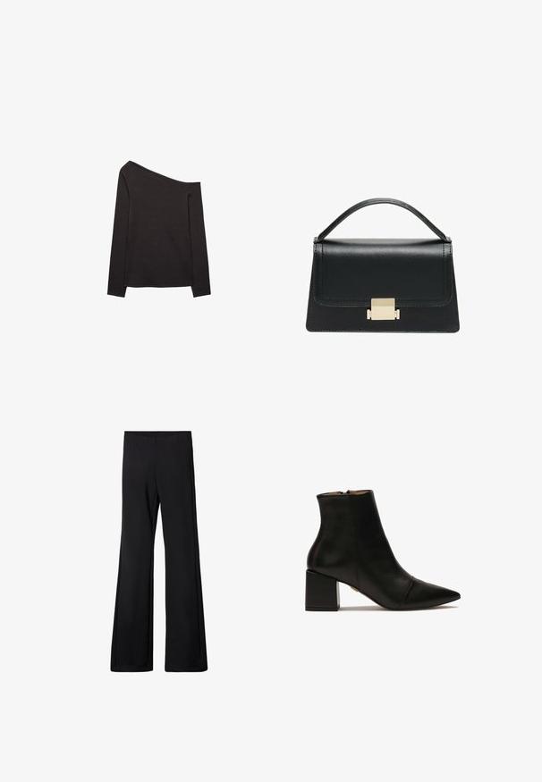 Czarny top z długim rękawem, bez ramiączek, wykonany z miękkiego materiału, o luźnym kroju i gładkiej strukturze. Brak widocznych wzorów lub akcentów.; Czarne spodnie dzwonowe z elastycznym paskiem w talii, wykonane z miękkiego, elastycznego materiału, charakteryzujące się gładką teksturą i brakiem widocznych wzorów czy elementów metalowych.; Czarne skórzane botki za kostkę z długim noskiem, słupkowym obcasem i zapięciem na zamek z tyłu. Gładka tekstura z minimalnymi detalami szwów.; Czarna skórzana torebka o zorganizowanej konstrukcji, z górną rączką i złotym metalowym zapięciem z przodu. Gładka faktura, minimalne przeszycia.