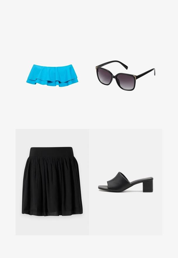 Turkizna bluza s volančki, izdelana iz gladkega materiala, ki ima dva sloja volanov ob spodnjem robu in ravno ovratnik.; Črna krila iz tkanine z širokim pasom, nabranim dizajnom in razširjeno obliko. Tekstura se zdi gladka z lahkotnim zaključkom.; Črne usnjene mule z blokastim petami in odprto tobko, s sijočo površino in rahlo ukrivljenim zgornjim delom za udobje in stil.; Črne sončne naočare z gradientnimi sivočrnimi lečami, velike kvadratne oblike z zlatimi detajli na vogalih in elegantnimi črnimi kraki.; Črna torba iz usnja z ramenskim trakom, pravokotne oblike, z zlatim okovjem, magnetnim zapiranjem in snemljivim trakom. Podrobnost teksturirane površine.