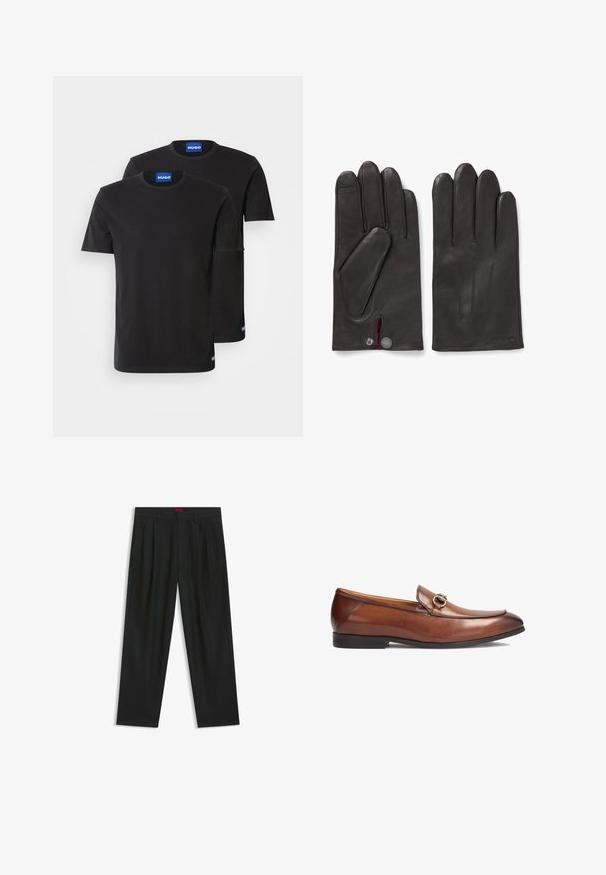 Zwei schwarze Baumwoll-T-Shirts mit Rundhals, kurzen Ärmeln und blauen "HUGO"-Labels an den Kragen und seitlichen Säumen.; Schwarze Hose mit einem gefältelten Design, weiter Beinform und glatter Textur. Verfügt über ein rotes Taillenlabel.; Braune Lederloafers mit einer runden Zehenpartie, genähten Details und einer dekorativen metallenen Schnallenakzent an der Vorderseite. Gummisohle.; HUGO JAAN - Fingerhandschuh - dark brown four