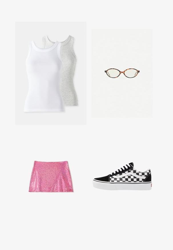Zwei ärmellose Tanktops: eines in Weiß mit gerippter Textur und eines in Hellgrau mit subtilen Melange-Muster. Beide haben runde Ausschnitte.; Rosa Pailletten-Minikleid mit glatter Textur, geradem Schnitt und subtiler Ausweitung am Saum. Glitzer reflektiert Licht und verstärkt die lebendige Farbe.; Schwarz-weißes Schachbrett-Muster auf Canvas-Sneakern mit schwarzen Wildlederakzenten, weißen Schnürsenkeln und gummierter Sohle. Das Seitenlogo weist ein kontrastierendes Design auf.; Schildpatt-Eyegläser mit ovalen Gläsern und einer eleganten, glatten Oberfläche. Mit dünnen Seiten und einer subtilen Kurve an den Schläfen. Klare Gläser.