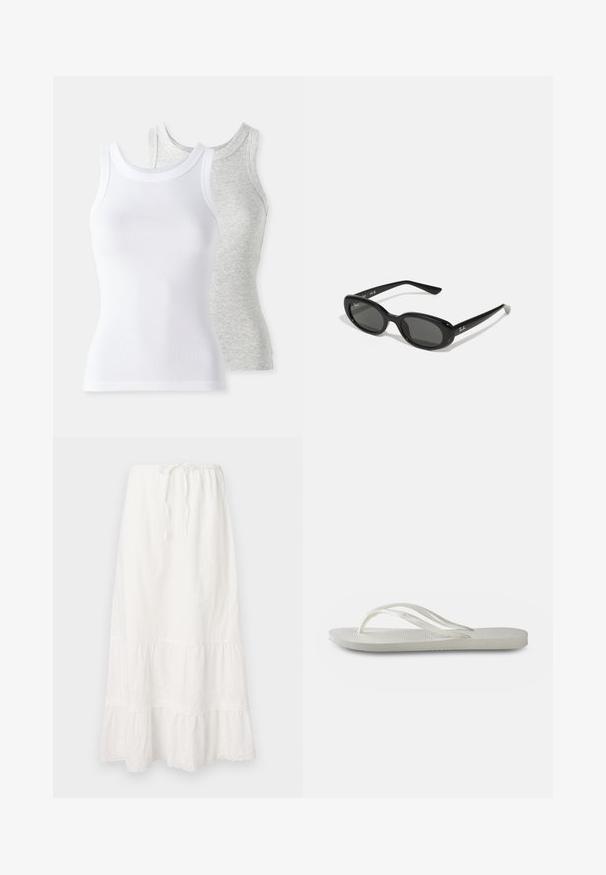 Zwei ärmellose Tanktops: eines in Weiß mit gerippter Textur und eines in Hellgrau mit subtilen Melange-Muster. Beide haben runde Ausschnitte.; Langer, weißer Baumwollrock mit elastischem Bund und verstellbarem Kordelzug. Verfügt über gestufte Lagen mit zarter Spitze am Saum.; Weiße Flip-Flops mit einer strukturierten Sohle, dünnen Riemen und einem flachen Design. Hergestellt aus Gummi mit einem dezenten Logo auf der Fußsohle.; Schwarze Sonnenbrille mit ovalen Gläsern, glänzendem Kunststoffrahmen und schlanken Bügeln. Mit Ray-Ban-Logo in Weiß an der Seite.