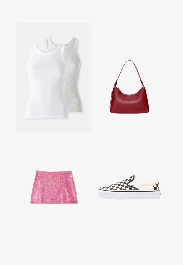 Kaksi ilmanhihaista toppia: yksi valkoinen, ribattu pinta ja toinen vaaleanharmaa, jossa on hienovarainen heather-kuvio. Molemmissa on pyöreä kaula-aukko.; Vaaleanpunainen paljetein koristeltu minihelma, jossa on sileä pinta, suora leikkaus ja hillitty leveneminen helman kohdalla. Kimallus heijastaa valoa, korostaen sen kirkasta väriä.; Mustat ja valkoiset ruudulliset Vans-liukupohjakengät, joissa on canvas-päällinen, kumipohja ja pehmustettu kaulus. Tasainen, pyöreä varvasosa valkoisilla pohjavivahteilla.; Punokas nahkainen olkalaukku, jossa on kaareva muotoilu, sileä pinta ja vetoketjuluukku. Laukussa on ohut kantohihna.