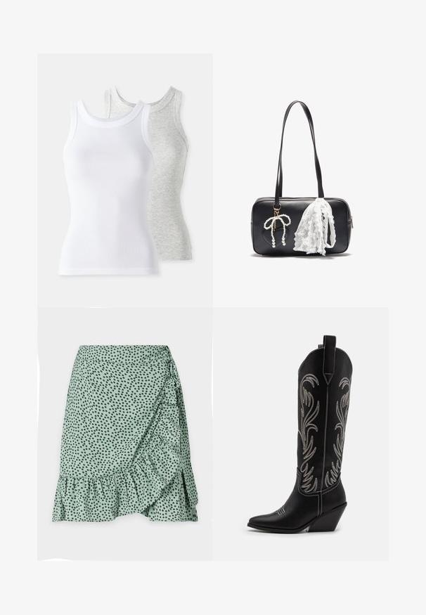 Two sleeveless tank tops: one white, ribbed texture, and one light gray with a subtle heather pattern. Both have round necklines.; Green fabric skirt featuring a black polka dot pattern, ruffled hem, and a side wrap design. Smooth texture and lightweight material.; Black leather cowboy boots with pointed toes, wedge heels, and silver embroidered floral patterns along the shaft. Contrast stitching throughout.; Even&Odd Handbag - black