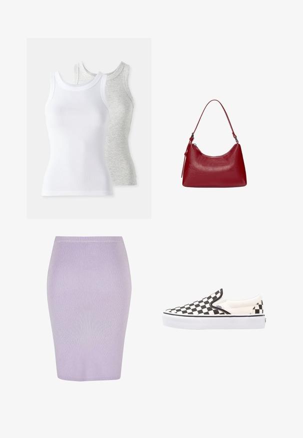 Dwa bezrękawniki: jeden biały, o prążkowanej fakturze, a drugi jasnoszary z delikatnym wzorem heather. Oba mają okrągłe dekolty.; Prążkowana spódnica ołówkowa w jasnym fiolecie, o dopasowanym kroju. Posiada wysoki stan, gładką fakturę i długość do kolan.; Czarno-białe buty slip-on Vans w kratkę z płóciennym wierzchem, gumową podeszwą i wyściełanym kołnierzem. Płaska, okrągła noska z białymi akcentami na podeszwie.; Czerwona skórzana torebka na ramię o zakrzywionym kształcie, gładkiej fakturze i zamek błyskawiczny. Posiada cienką rączkę do noszenia.