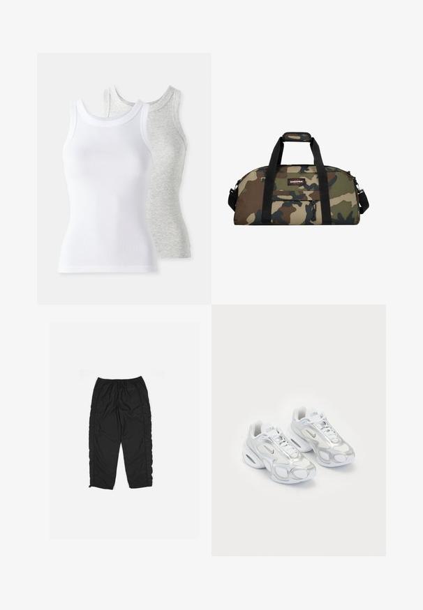 Dvě tílka bez rukávů: jedno bílé, s ribrovou strukturou, a jedno světle šedé se subtilním melírovaným vzorem. Obě mají kulaté výstřihy.; Černé sportovní kalhoty s elastickým pasem, se postranními panely s mřížkovaným vzorem a zipy na kotnících. Hladká, lehká tkanina.; Bílé sportovní boty s vrchní částí z materiálu síťoviny se stříbrnými akcenty, jedinečným tvarem a vzduchovým polstrováním v patě. Šněrovací design se značkou.; Maskovací sportovní taška z syntetické tkaniny, černé popruhy, horní držadlo a přední kapsa na zip; má zelené, hnědé a béžové vzory.