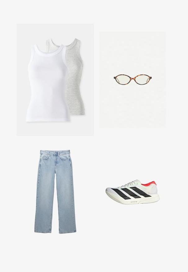 Twee mouwloze tanktops: één witte met geribbeld textuur en één lichtgrijze met een subtiel heatherpatroon. Beide hebben een ronde hals.; Lichtblauwe denim jeans met een wijdere pijpdesign, voorzien van een knoop- en ritsluiting, vijf zakken en minimale stikseldetails.; Witte sportschoen met zwarte strepen en een rode hiel. Lichtgewicht bovenwerk van mesh, textuurmateriaal en patroonaccenten op de zool.; Kattenoogbril met ovale lenzen en een strakke, gladde afwerking. Heeft dunne zijkanten met een subtiele kromming bij de slapen. Transparante lenzen.; Rode leren schoudertas met een gebogen ontwerp, een gladde textuur en een ritssluiting. Het heeft een dunne hengsel om te dragen.