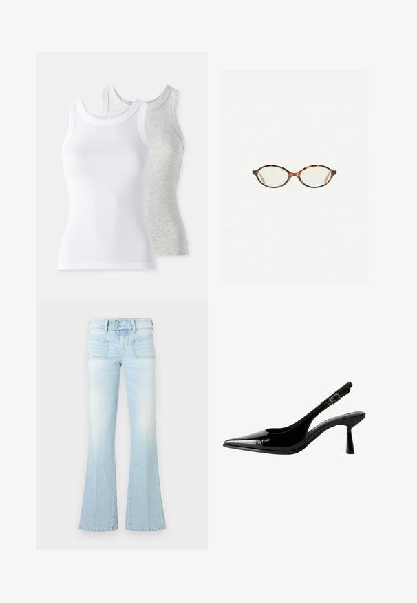 Două topuri fără mâneci: unul alb, cu textură din țesătură ribbed, și unul gri deschis cu un model discret heather. Ambele au decupaje circulare la gât.; Blugi evazați de culoare albastru deschis, din denim decolorat, cu două buzunare frontale, talie cu nasturi și detalii de cusătură contrastante. Textură netedă.; Pantofi cu toc slingback din piele patent neagră, cu vârf ascuțit, laterale decupate, curea la gleznă ajustabilă și toc subțire, elegant.; Ochelari cu ramă din tartan, cu lentile ovale și un finisaj elegant, neted. Prezintă margini subțiri cu o curbură subtilă la tâmple. Lentile clare.; Geantă de umăr din piele roșie, cu un design curbat, textură netedă și închidere cu fermoar. Dispune de un mâner subțire pentru transport.