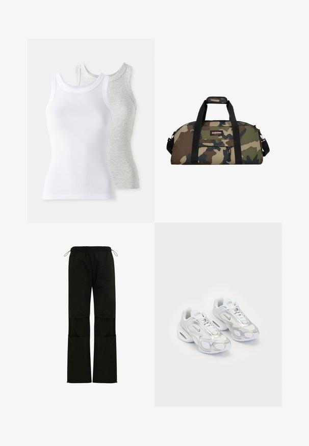Deux débardeurs sans manches : un blanc en texture côtelée et un gris clair avec un motif chiné subtil. Les deux ont un col rond.; Pantalons légers noirs, avec une taille élastique, des ajustements par cordon de serrage, des poches latérales et une coupe droite. Texture lisse.; Baskets de sport blanches avec une tige en mesh et des accents argentés, une forme unique et un amorti d'air au niveau du talon. Design à lacets avec logo.; Sac de sport en camouflage avec un tissu synthétique, des sangles noires, une poignée supérieure et une poche zippée à l'avant ; présente des motifs verts, marron et beiges.