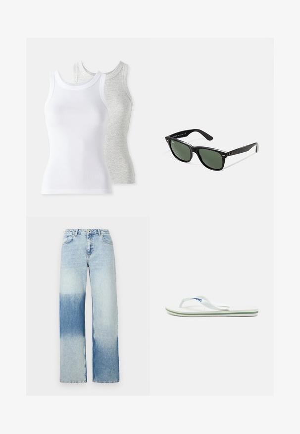 Dve brezrokavnice: ena bela, z rebrasto teksturo, in ena svetlo siva z rahlim heather vzorcem. Obe imata okrogla izreza.; Svijetloplave traperice širokog kroja, s gradijentnom bojom koja prelazi iz svijetloplave u tamnoplavu, pet džepova i kopčom na dugme.; Bela japonka z teksturiranim podplatom, ozkimi trakami in večbarvno akcentno črto na podplatu. Vsebuje logo na traku.; Črne plastične sončna očala z zelenimi lečami, kvadratni okvirji, srebrni detajl na obrvi in teksturirani ročaji. Blagovna znamka navedena na notranji strani ročaja.